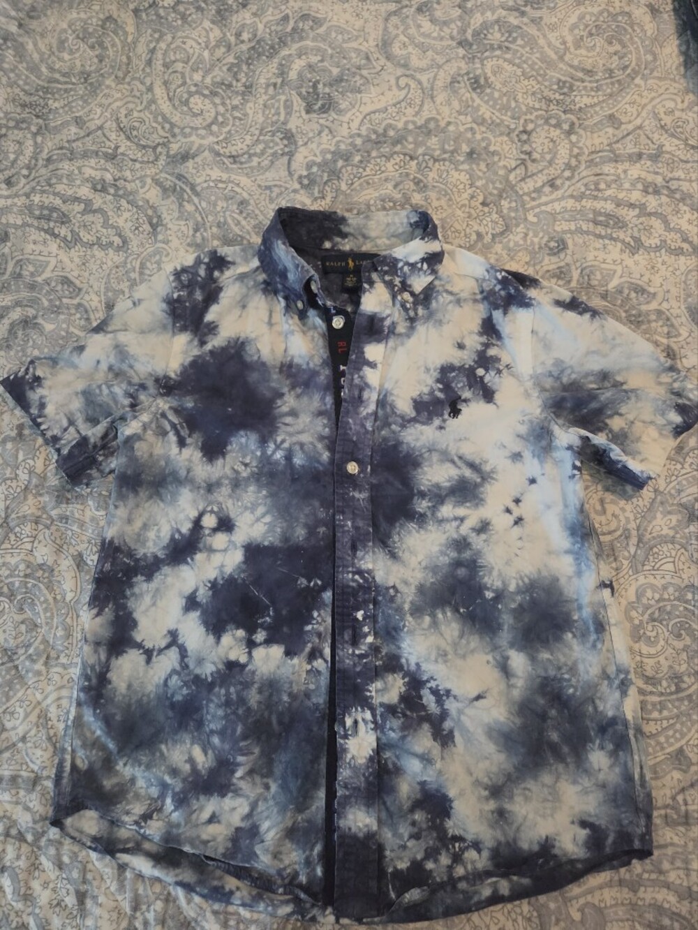 Polo by Ralph Lauren Navy and White Tie-Dye Short Sleeve Button-Down